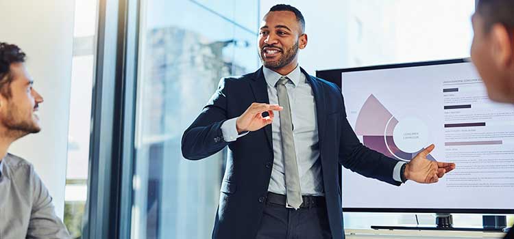 business man giving a presentation on public administration